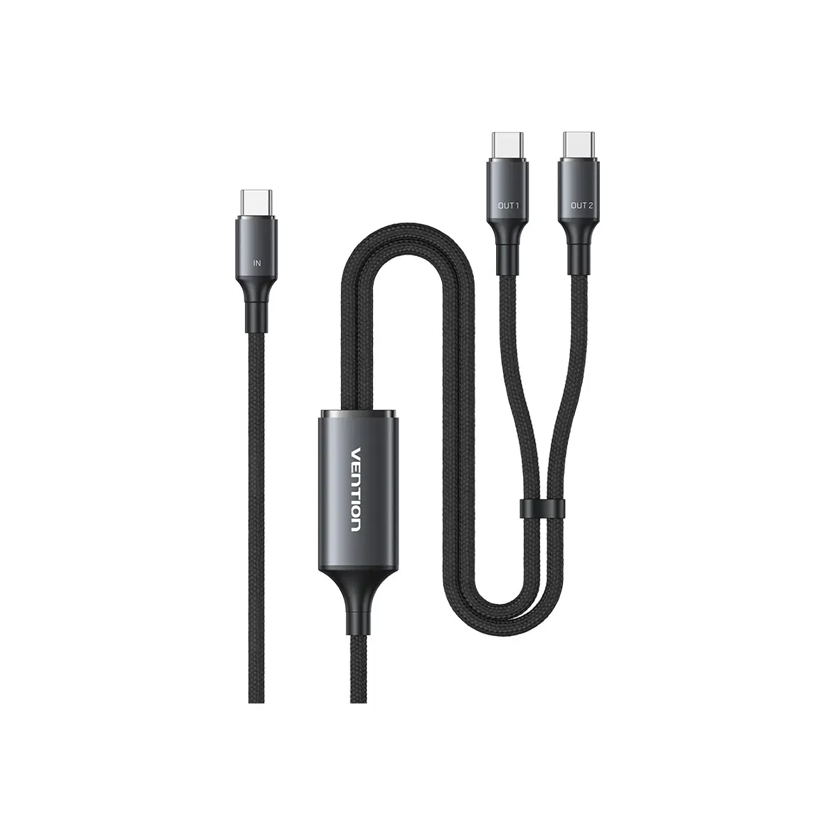 Vention 140W Çift Type-C Çıkışlı 5A Alüminyum Alaşımlı Örgülü Ikili Hızlı Şarj Kablosu 1,3m - Siyah
