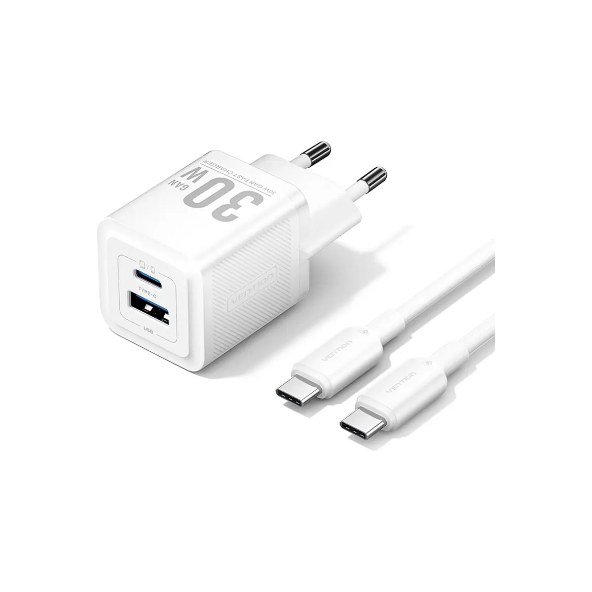 Vention 30W Gan Çift Çıkışlı (1xusb-C 30W + 1xusb-A 30W) Hızlı Şarj Cihazı ve 1m Kablo Seti iPhone Uyumlu Beyaz