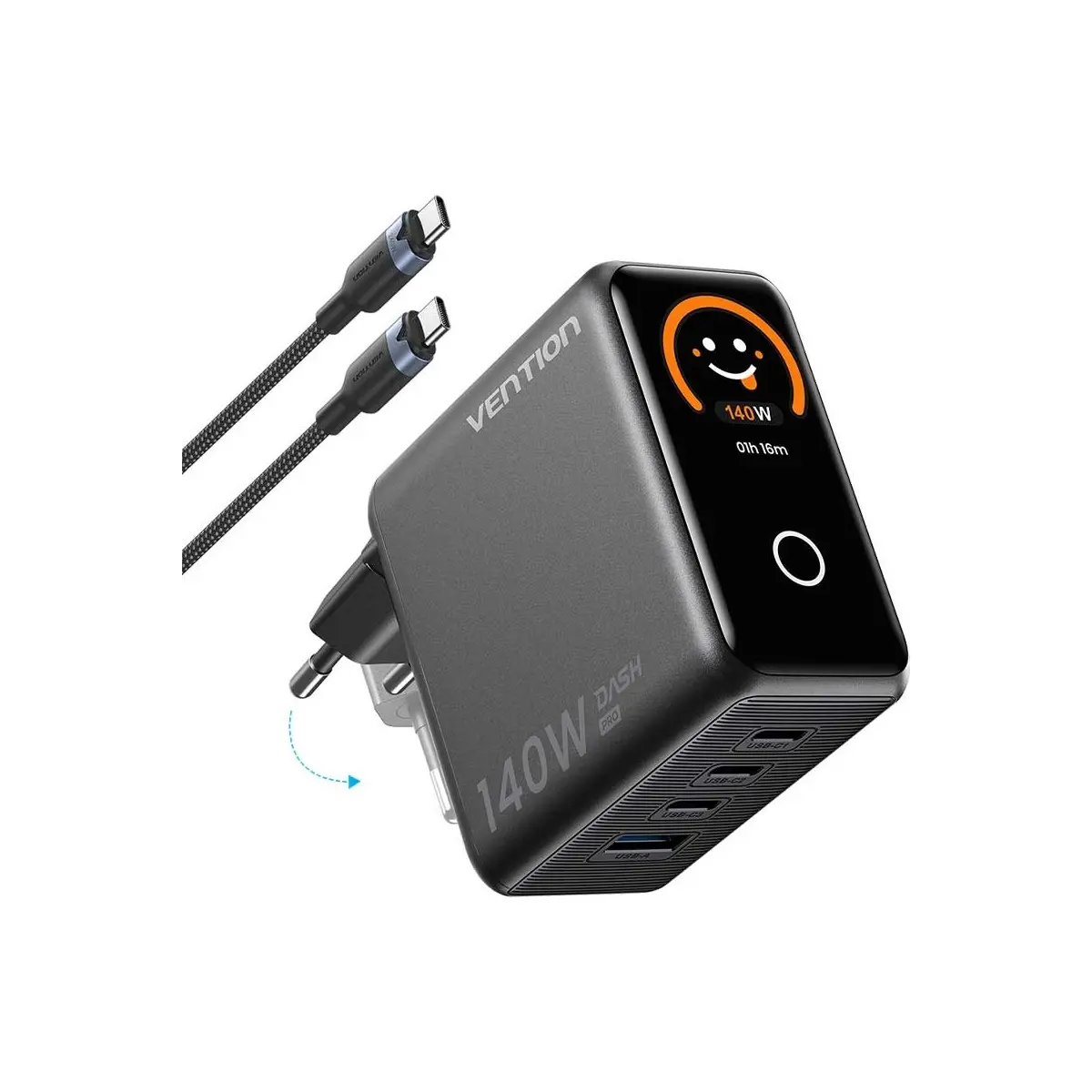 Vention Dash Pro 140W Gan 5.0 Akıllı Ekranlı ve Emojili 4-Portlu Hızlı Şarj Cihazı (3xusb-C + 1xusb-A) Siyah