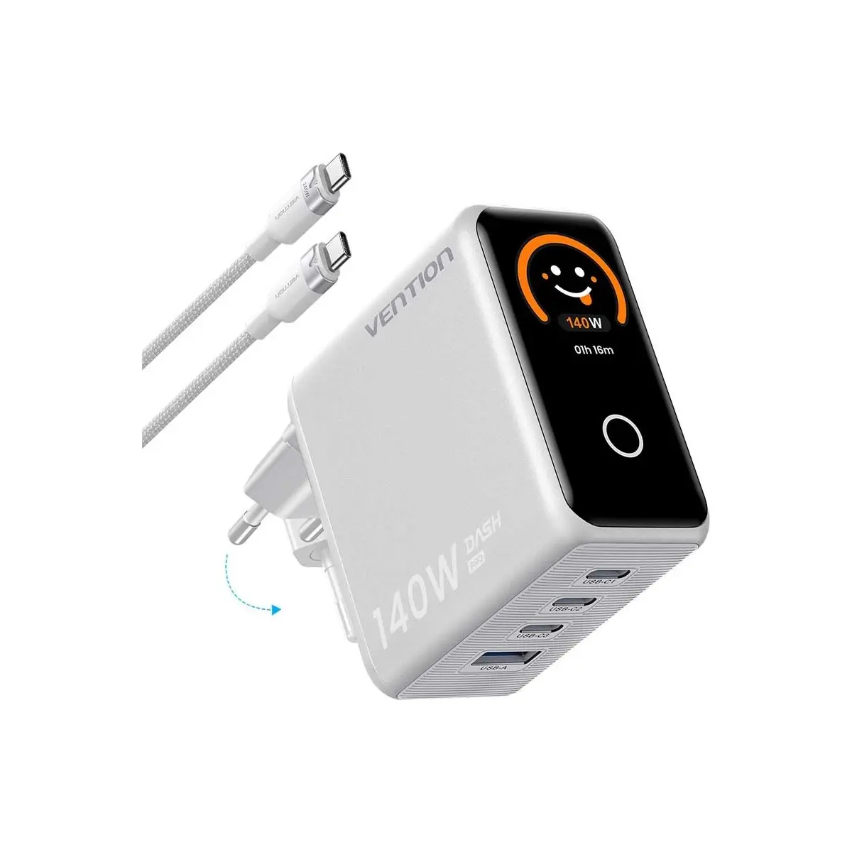 Vention Dash Pro 140W Gan 5.0 Akıllı Ekranlı ve Emojili 4-Portlu Hızlı Şarj Cihazı (3xusb-C + 1xusb-A) Beyaz