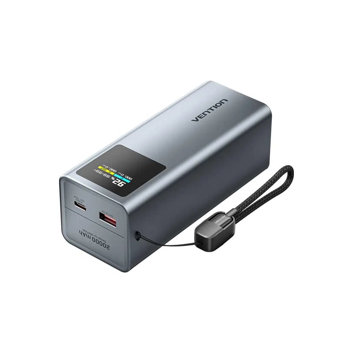 Vention Powerhive Serisi 20000MAH 100W Powerbank Tft Ekranlı 3 Çıkışlı (2xusb-C + 1xusb-A) Hızlı Şarj ve Askılı Kablo Tasarımlı Gri