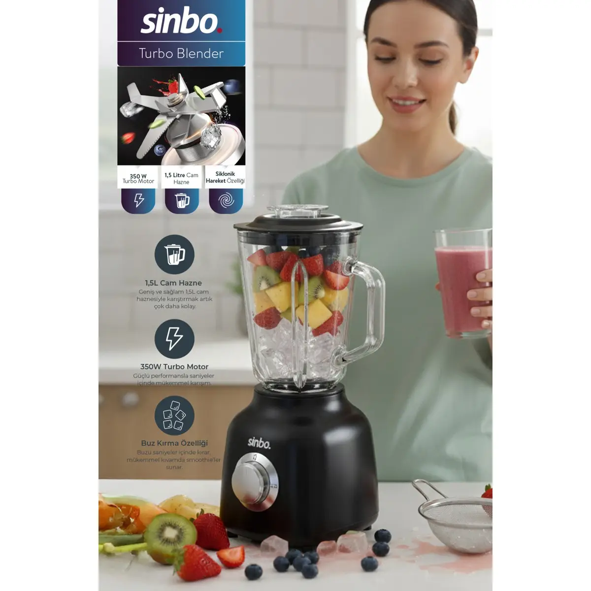 Sinbo SHB-7516 Turbo Blender 1.5 Litre Cam Hazne 350W Güçlü Fonksiyonlar ile Smoothie Hazırlama Siyah