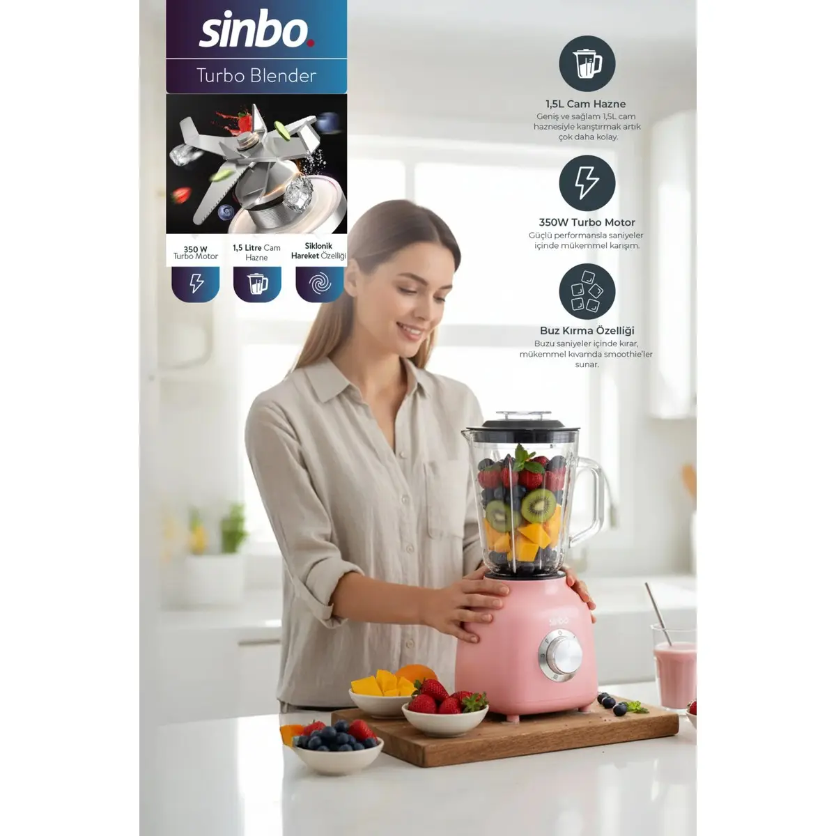Sinbo SHB-7516 Turbo Blender - Smoothie Blender - 1.5 Litre Cam Hazne-Pembe