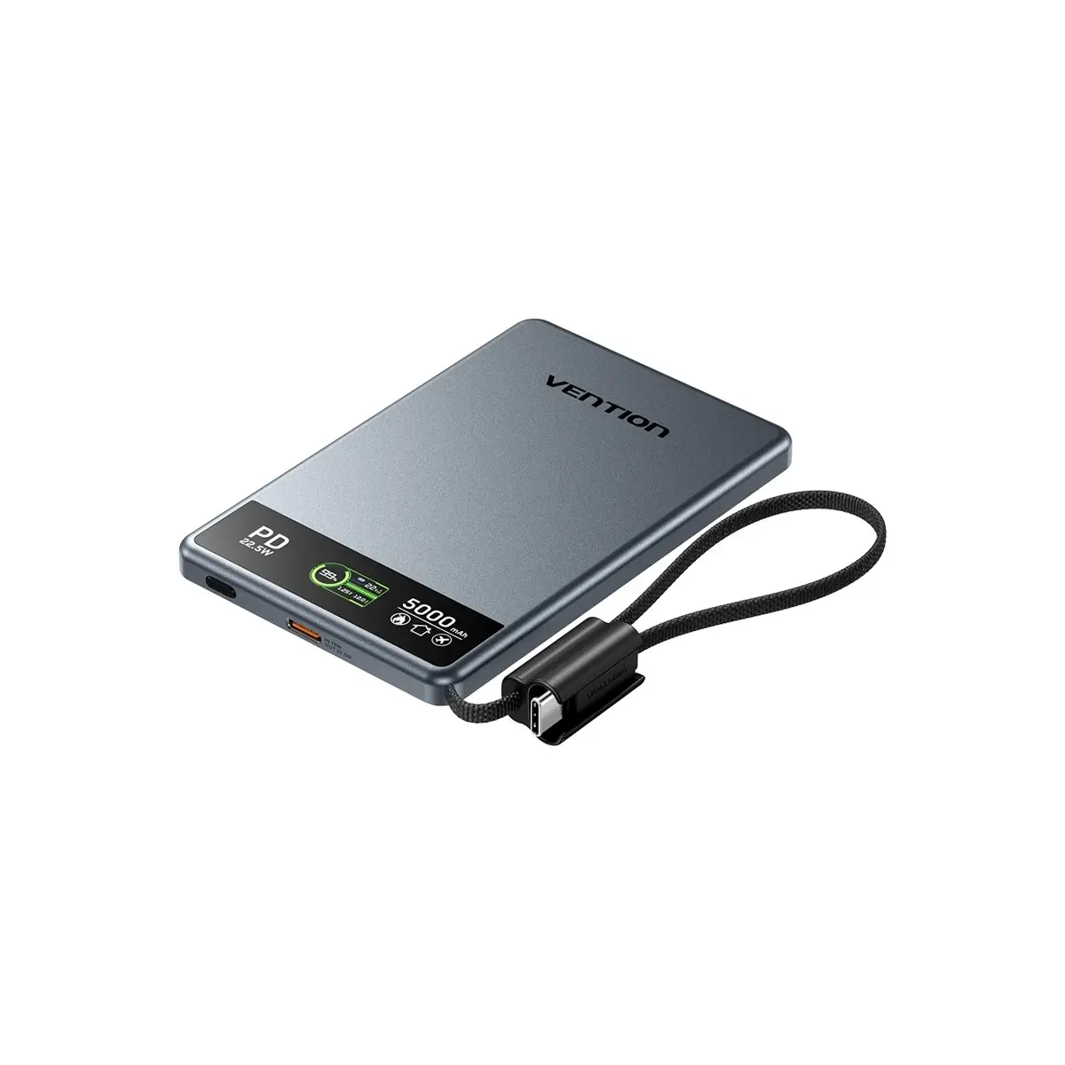 Vention Ultra Slim Serisi 5000MAH 15W Manyetik Kablosuz Tft Ekranlı Taşınabilir Şarj Cihazı Powerbank Gri